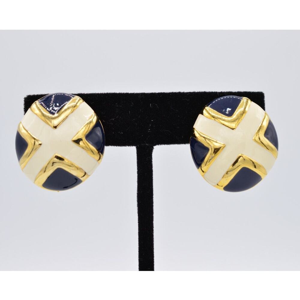 Vintage Clip On Earrings Gold Navy Black White Enamel X Chunky Round 1980s BinH